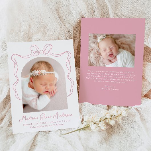 ピンクエレガントヴィンテージボウフォト誕生 案内状