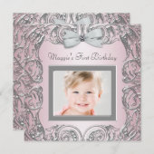 ピンクエレガント写真の最初の誕生日パーティーへの招待 招待状 (正面/裏面)