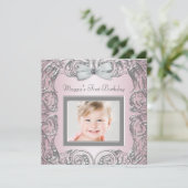 ピンクエレガント写真の最初の誕生日パーティーへの招待 招待状 (スタンド正面)