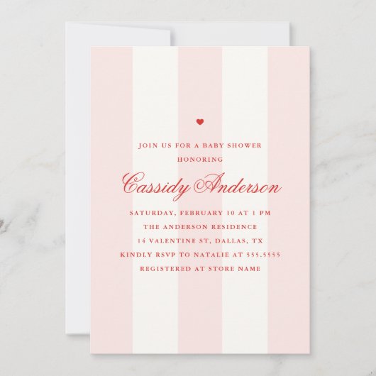 ピンクエレガント名門私立校風のセストライプンタイン赤ちゃん 招待状 (正面)