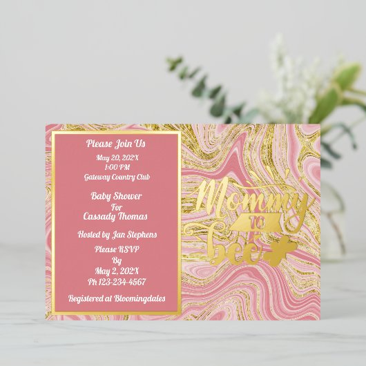 ピンクエレガント大理石ベビーシャワー金ゴールド 箔招待状 (立ち正面)