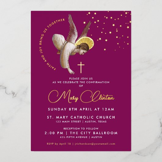 ピンクエレガント天使の確認共産主義 箔招待状 (正面)