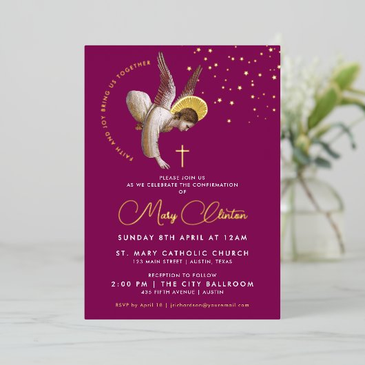 ピンクエレガント天使の確認共産主義 箔招待状 (立ち正面)