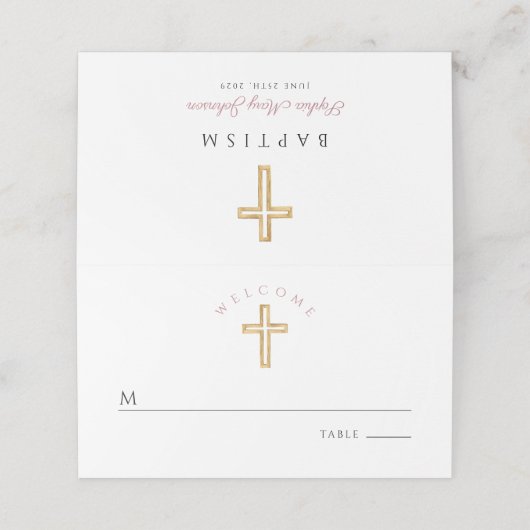 ピンクエレガント宗教十字女の洗礼 プレイスカード (外部開封)