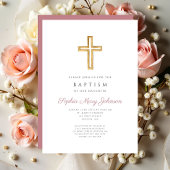 ピンクエレガント宗教十字女の洗礼 招待状