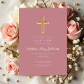 ピンクエレガント宗教十字女の洗礼 招待状