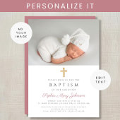 ピンクエレガント宗教十字少女の写真バプテスマ 招待状