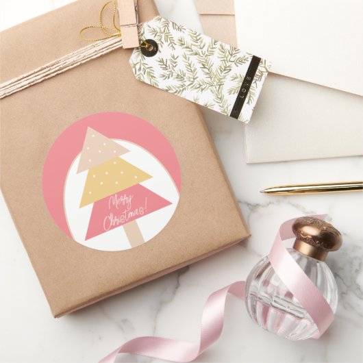 ピンクエレガント幾何学的メリークリスマスツリー ラウンドシール (ギフト)