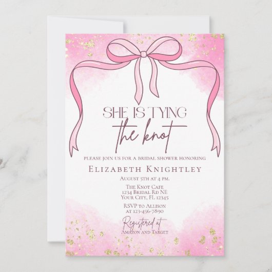 ピンクエレガント彼女が結び目ブライダルシャワー 招待状 (正面)