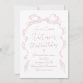 ピンクエレガント手引きボウ任意の年齢ベビー誕生日 招待状 (正面)