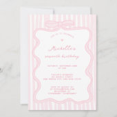 ピンクエレガント手引きボウ任意の年齢ベビー誕生日 招待状 (正面)