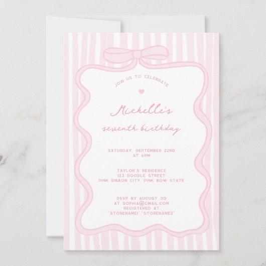 ピンクエレガント手引きボウ任意の年齢ベビー誕生日 招待状 (正面)