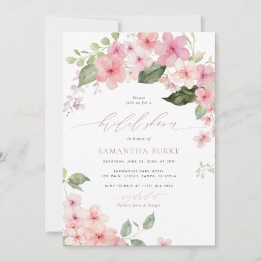 ピンクエレガント桜花ブライダルシャワー 招待状 (正面)