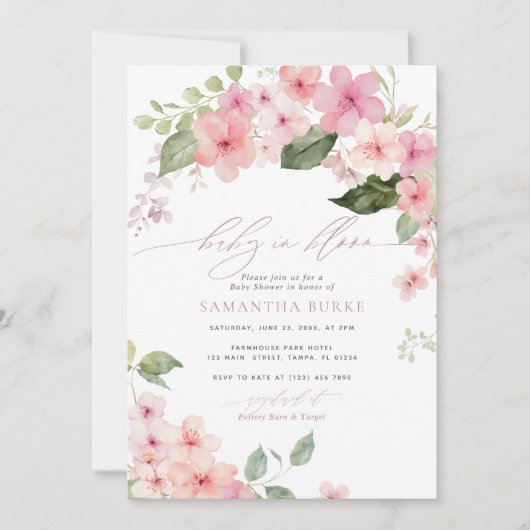 ピンクエレガント桜花ベビーイン開花シャワー 招待状 (正面)