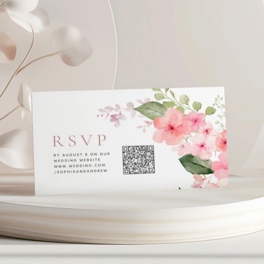 ピンクエレガント桜花結婚のQRコードRSVP エンクロージャーカード