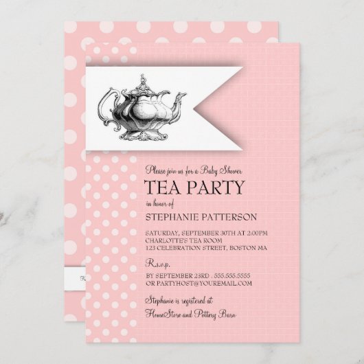 ピンクエレガント水玉模様ベビーシャワーティーパーティー 招待状 (正面/裏面)