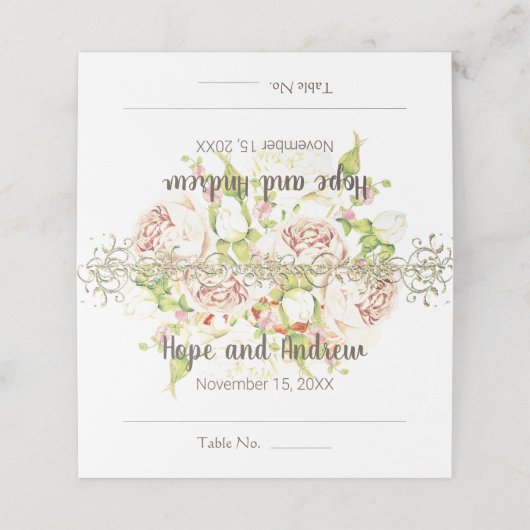 ピンクエレガント淡い色のと金ゴールドバラフローラ結婚の プレイスカード (外部開封)