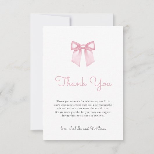 ピンクエレガント淡い色のの弓ベビーシャワー サンキューカード (正面)