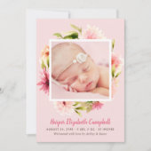 ピンクエレガント淡い色のフローラベビーガールフォト誕生 案内状 (正面)