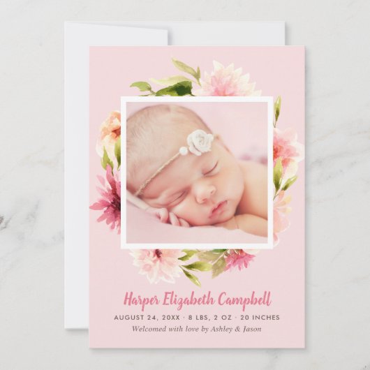 ピンクエレガント淡い色のフローラベビーガールフォト誕生 案内状 (正面)
