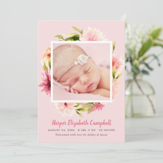 ピンクエレガント淡い色のフローラベビーガールフォト誕生 案内状 (スタンド正面)