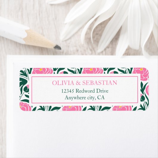 ピンクエレガント牡丹の花結婚の差出人住所 ラベル (インサイチュ)