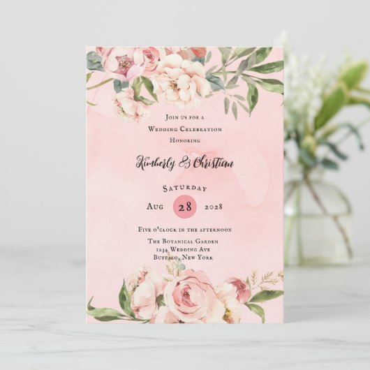ピンクエレガント牡丹ウォーター結婚カラーお祝い 招待状 (スタンド正面)
