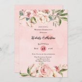 ピンクエレガント牡丹ウォーター結婚カラーお祝い 招待状 (正面/裏面)