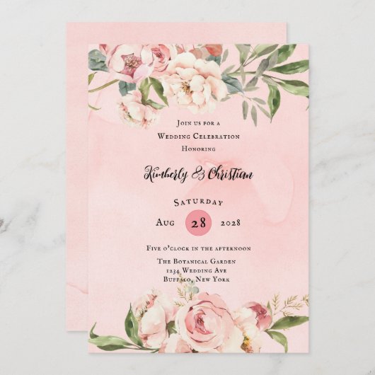 ピンクエレガント牡丹ウォーター結婚カラーお祝い 招待状 (正面/裏面)
