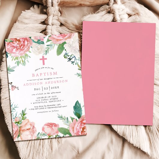 ピンクエレガント牡丹クロスボタニカルバプテスマ 招待状