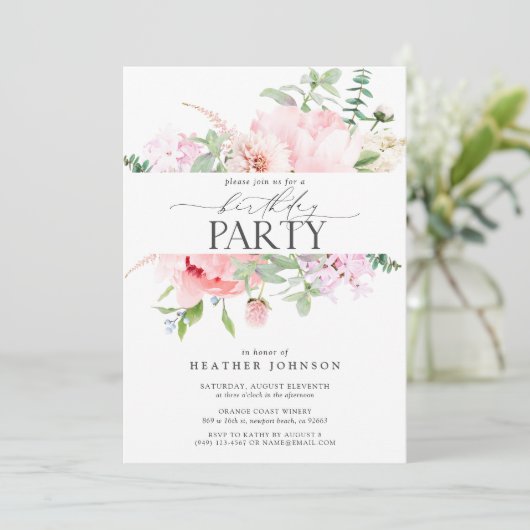 ピンクエレガント牡丹フローラ書道誕生日 招待状 (スタンド正面)