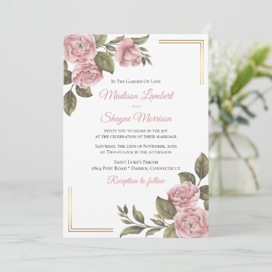 ピンクエレガント牡丹フローラ結婚春植物学 招待状 (スタンド正面)