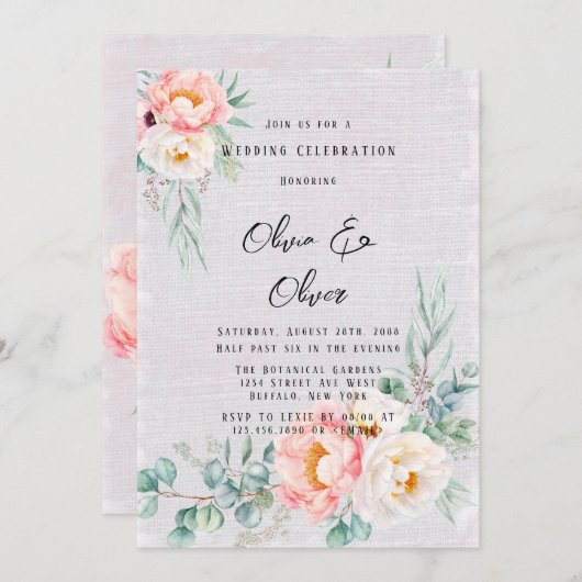 ピンクエレガント牡丹ユーカリ結婚ス 招待状 (正面/裏面)