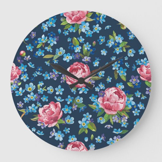 ピンクエレガント牡丹レトロ背景 ラージ壁時計 (正面)