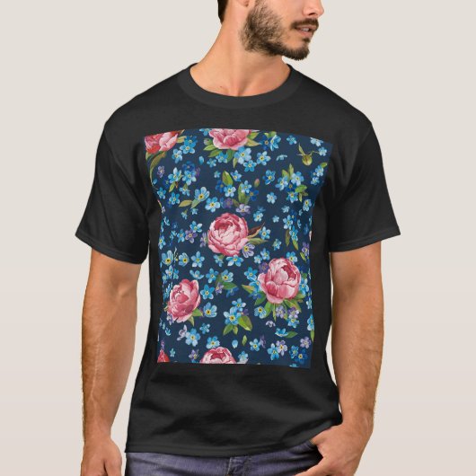 ピンクエレガント牡丹レトロ背景 Tシャツ (正面)