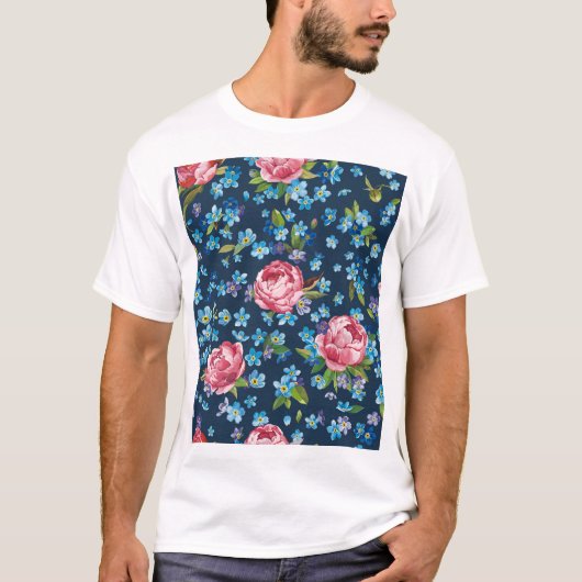 ピンクエレガント牡丹レトロ背景 Tシャツ (正面)