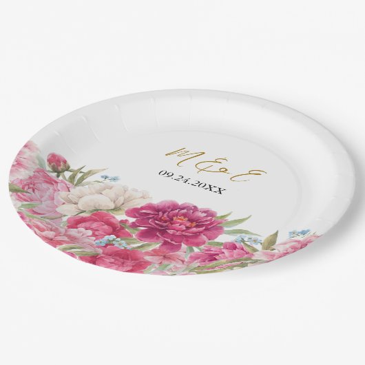 ピンクエレガント牡丹花模様結婚ズ ペーパープレート (アングル)