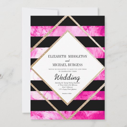 ピンクエレガント白黒と銅金ゴールド結婚ズ 招待状 (正面)