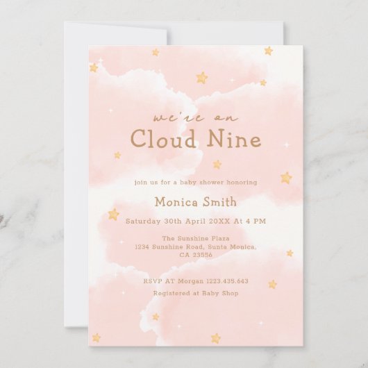 ピンクエレガント私たちは雲9女の子の赤ちゃんシャワー上にある 招待状 (正面)