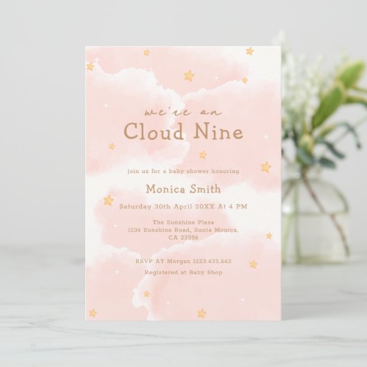 ピンクエレガント私たちは雲9女の子の赤ちゃんシャワー上にある 招待状 (スタンド正面)