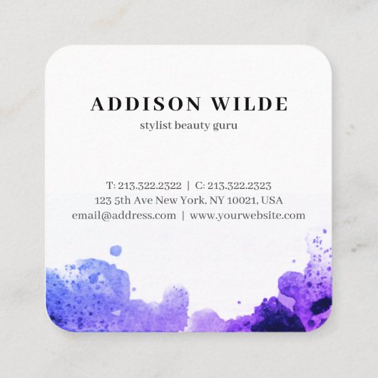 ピンクエレガント紫色の水彩画の署名 スクエア名刺 (裏面)