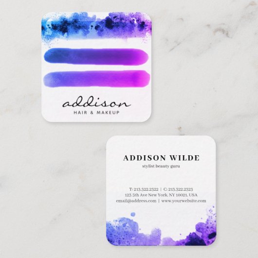 ピンクエレガント紫色の水彩画の署名 スクエア名刺 (正面/裏面)