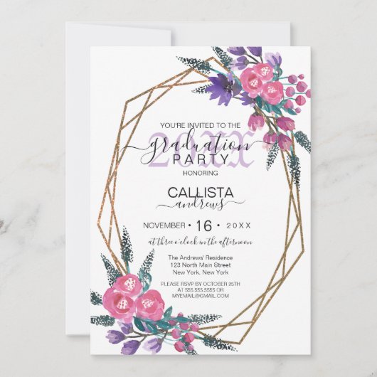 ピンクエレガント紫色の水彩花卒業式 招待状 (正面)