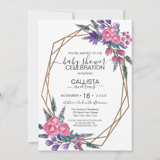 ピンクエレガント紫色の水彩花赤ちゃんシャワー 招待状 (正面)