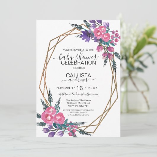ピンクエレガント紫色の水彩花赤ちゃんシャワー 招待状 (スタンド正面)