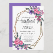 ピンクエレガント紫色の水彩花赤ちゃんシャワー 招待状 (正面/裏面)
