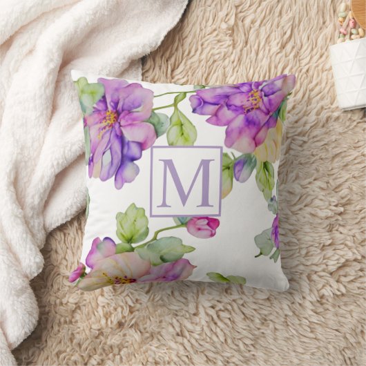 ピンクエレガント紫色の水色フローラモノグラム クッション (ブランケット)
