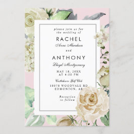 ピンクエレガント縁どロマンムローズブーケ結婚ス 招待状