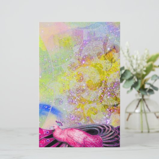 ピンクエレガント色のクジャクきらめく、黄紫 便箋 (スタンド正面)