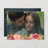 ピンクエレガント色のネイビー救金ゴールド結婚写真の日付 案内ポストカード (正面/裏面)